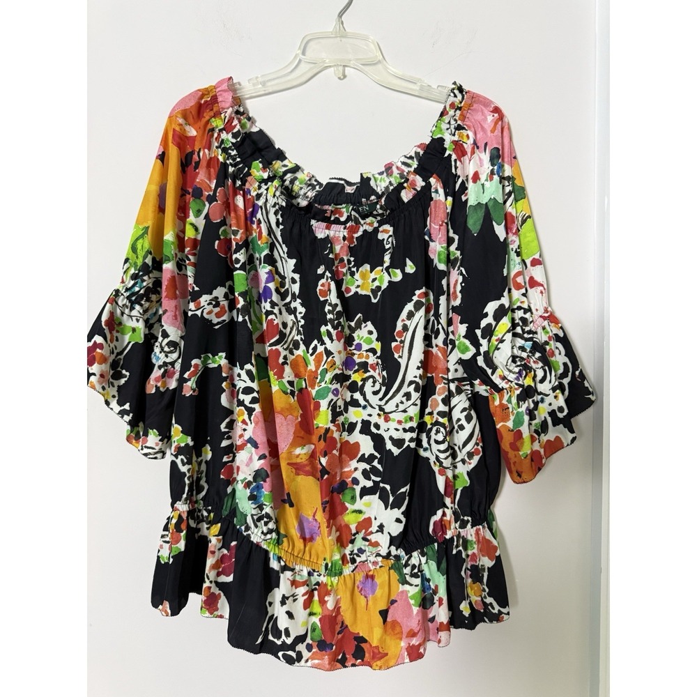 Lauren Ralph Lauren Dark Floral Top Sz 1X Off Shoulder Lightweight Bell Sleeve